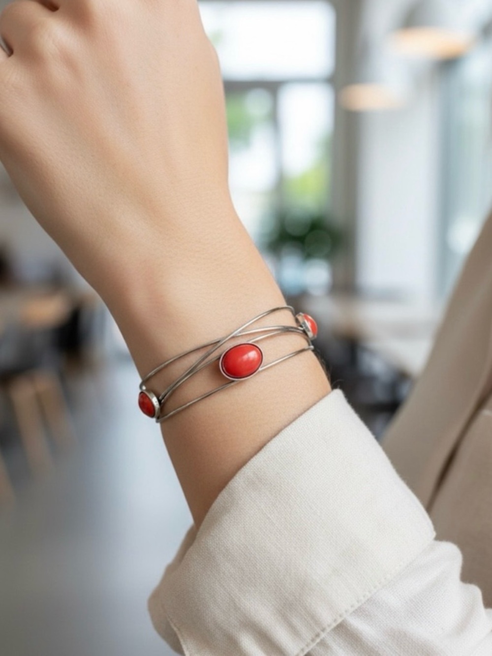 Silver Multi-Wire Bracelet with Red Stone Accents
